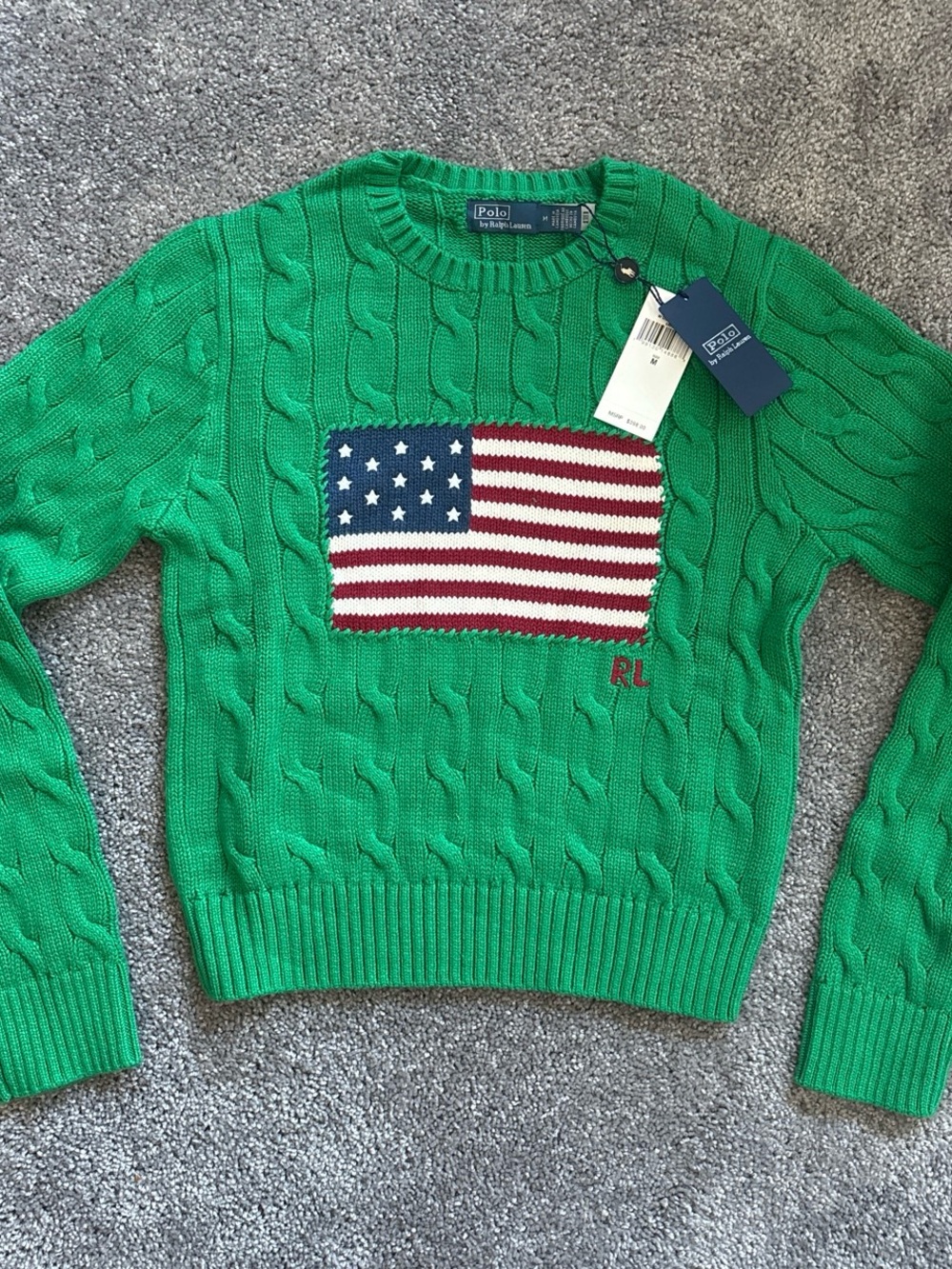 Polo by Ralph Lauren Green Cable-Knit Crewneck Sweater with Flag